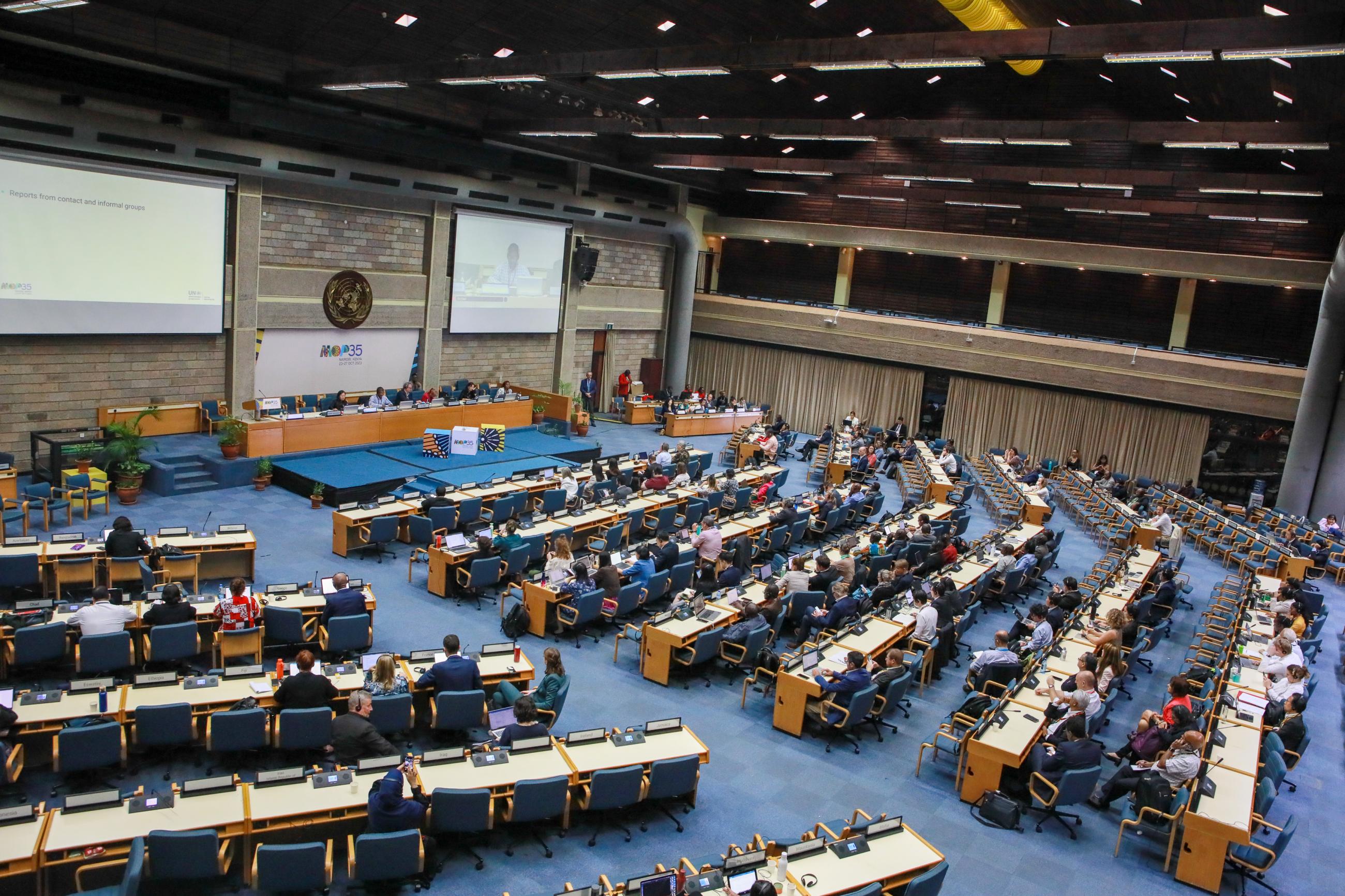 View of the room during the evening plenary during the 35th Meeting of the Parties to the Montreal Protocol on Substances that Deplete the Ozone Layer (MOP35)