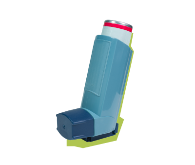 A blue medical inhaler device with a red cap, used for administering respiratory medication