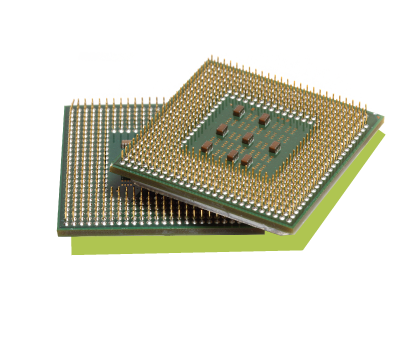 Two central processing units (CPUs) with gold pins on the underside, commonly used in computers