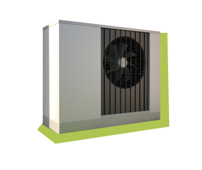 An external heat pump unit with a large fan, used for heating and cooling buildings