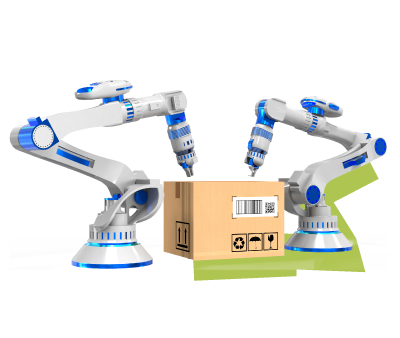 Two blue and white industrial robotic arms handling a cardboard box, used in manufacturing