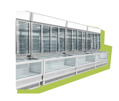 Row of empty commercial glass-door refrigeration units designed for product display in stores, isolated on a transparent background for clear viewing