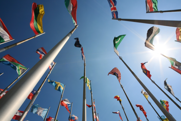A view from below of a collection of diverse national flags waving on flagpoles against a bright blue sky with the sun creating a starburst effect, representing international unity